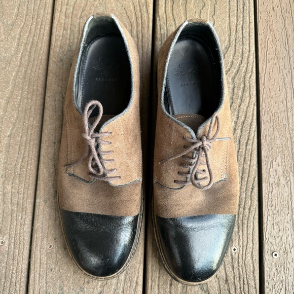 Zara Man Brown Suede Lace Up Oxfords Size 42 US 9 Black Cap Toe Low Top Shoes - Picture 4 of 10